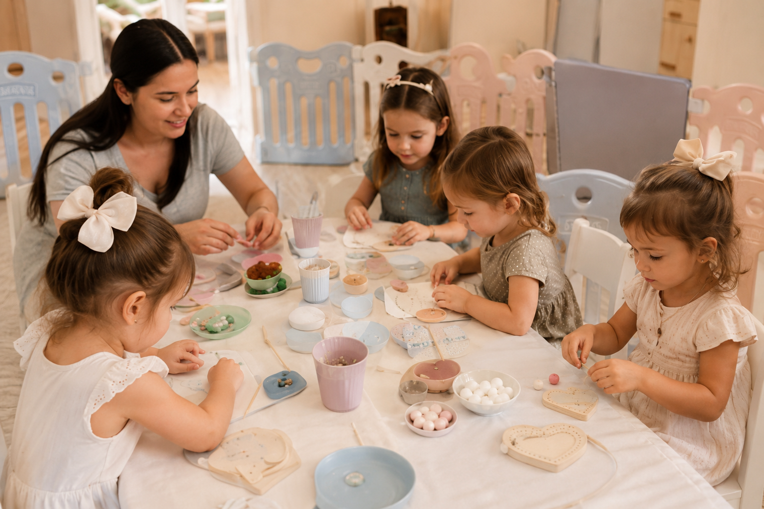 Caregiver leading a craft activity with young girls at an event table