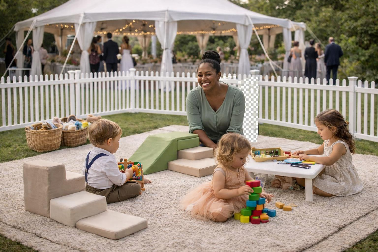 Party Pals caregiver watching children play in a fenced event area at a wedding